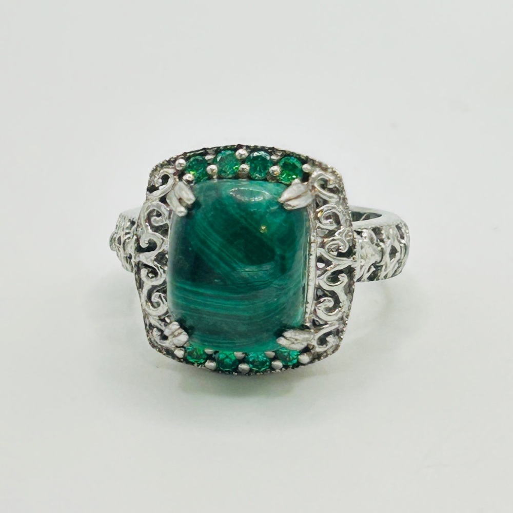 Malachite and Simulated Emerald Ring; Size 7; Stainless Steel